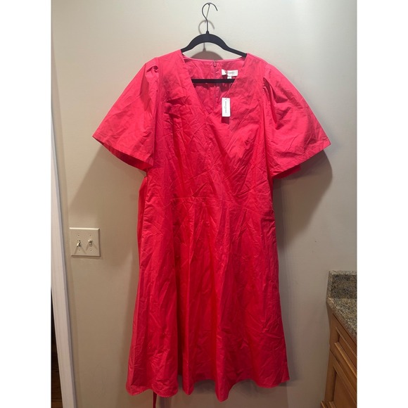 NWT Banana Republic Women's Pink V Neck Puff Sleeve Midi Dress Size L - Picture 2 of 9